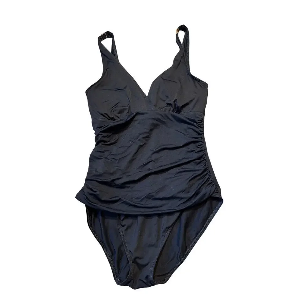 Lauren Ralph Lauren One Piece Swimsuit Womens 12 Black Tummy Control V-Neck Swim